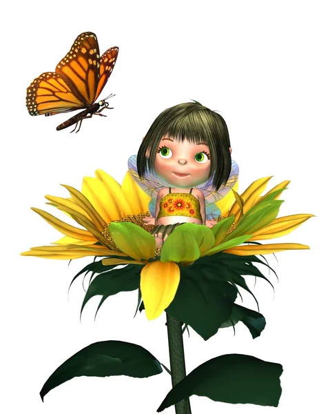 Baby solros fairy med fjäril — Stockfoto