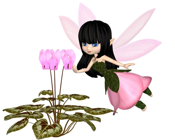 かわいい漫画ピンクのシクラメンの妖精、飛行 — ストック写真