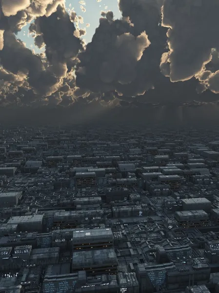 Cidade futura sob nuvens de tempestade — Fotografia de Stock