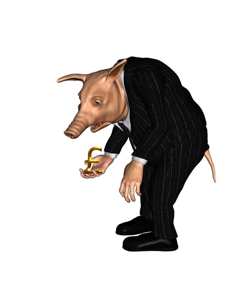 Свиня, одягнена як бізнесмен, тримає маленький золотий фунт стерлінгів знак — стокове фото