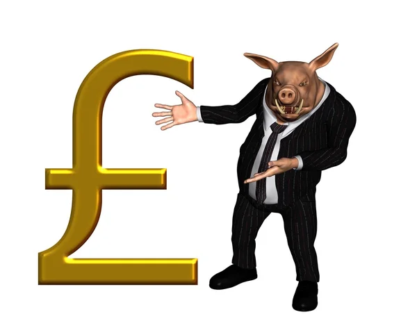 Cerdo vestido como un hombre de negocios con gran signo de la libra esterlina de oro — Foto de Stock