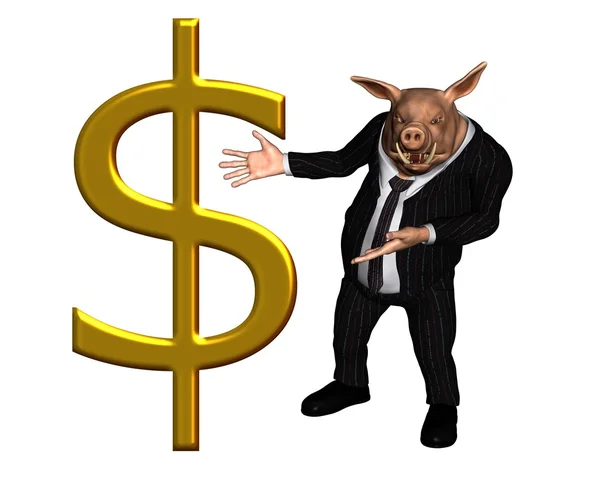 Свиня одягнений як Ділова людина з великим Золотий знак долара — Stok fotoğraf