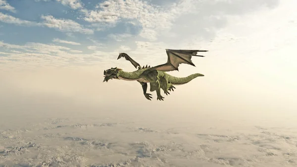 Grüner Drache fliegt durch die Wolken — Stockfoto
