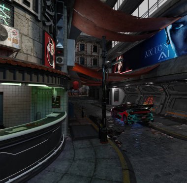 Gelecek Şehirdeki Siber Punk Sokağı, 3D dijital olarak bilim kurgu illüstrasyonu