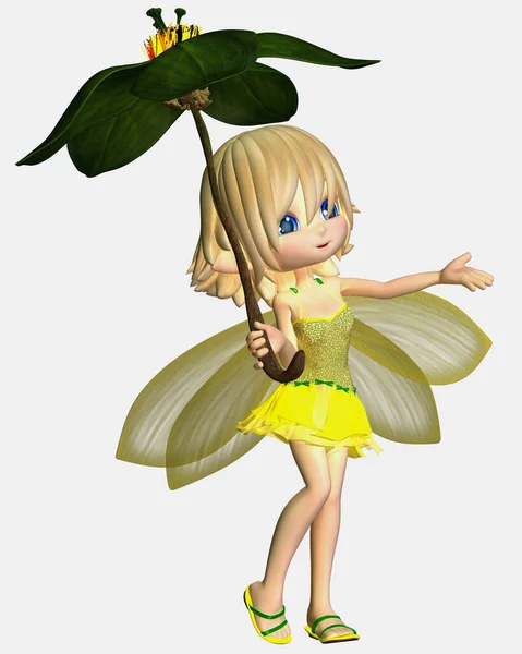 Söt Toon Umbrella Fairy Gul Digitalt Återges Fantasi Illustration — Stockfoto