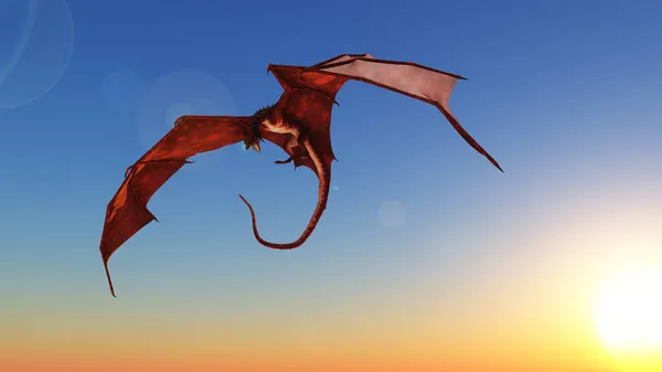 Red Dragon Attacking Bright Blue Sky Sun Flare Digitally Rendered — Stock Photo, Image