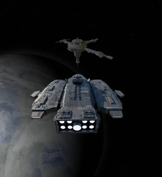 Fret Spatial Interplanétaire Approchant Une Station Spatiale Illustration Science Fiction — Photo