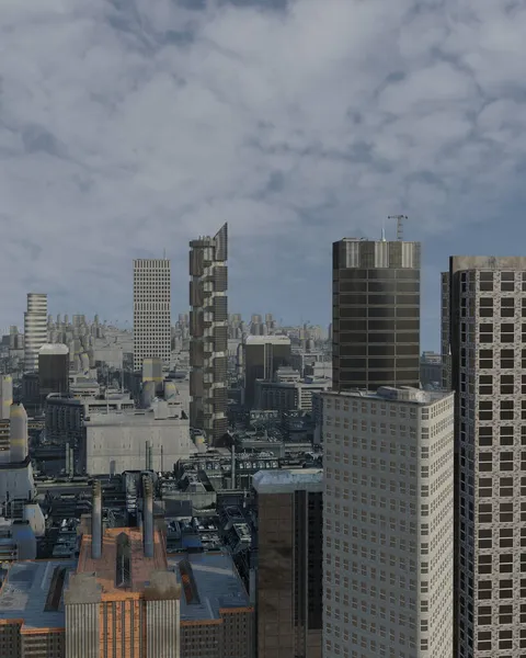 Bulutlu Gökyüzü Ile Gelecek Şehir Binaları Dijital Olarak Bilim Kurgu — Stok fotoğraf