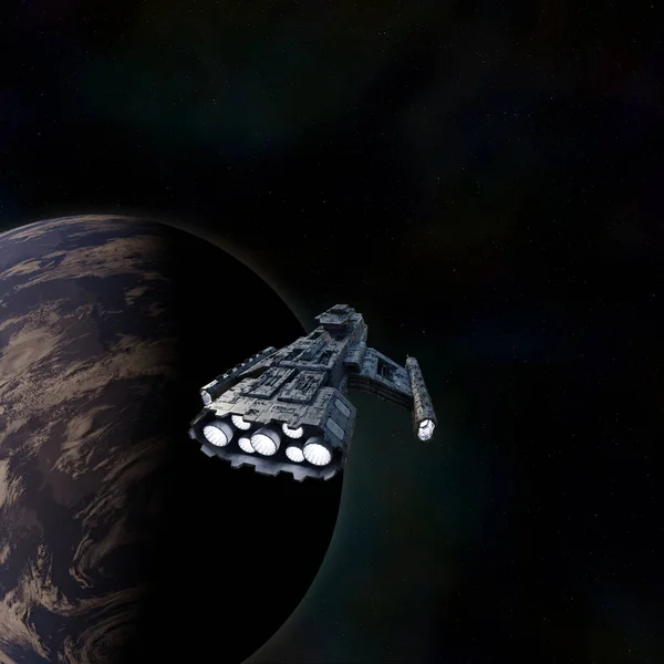 Nave Espacial Sobre Enfoque Planetario Hacia Mundo Alienígena Ilustración Ciencia —  Fotos de Stock