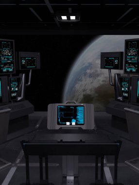 Enstrüman Kontrol Panelleri ve Görüntü Ekranlı Uzay Gemisi Komuta Köprüsü, 3d dijital olarak bilim kurgu illüstrasyonu