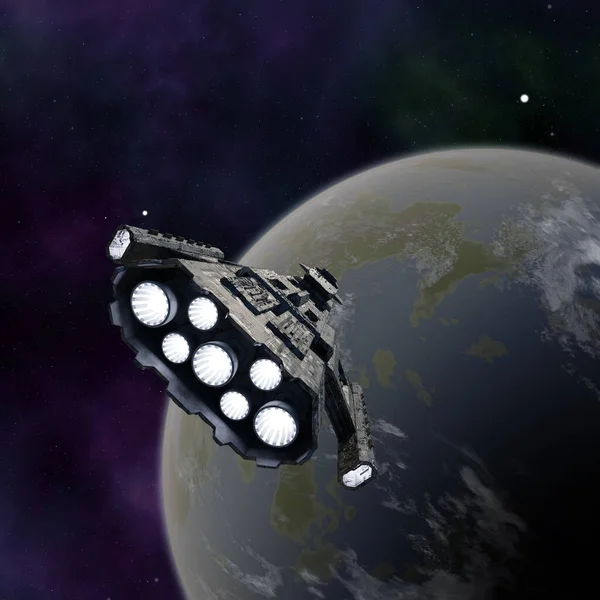 Звёздный Корабль Планетарном Подходе Голубой Планете Цифровая Иллюстрация Научной Фантастики — стоковое фото