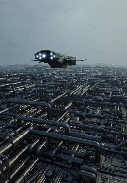 Космічний Корабель Летить Над Величезною Індустріальною Зоною Майбутньому Місті Цифровому — стокове фото