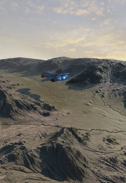 宇宙船がロッキー惑星の山の上を低飛行し 3DデジタルレンダリングされたSfイラスト — ストック写真