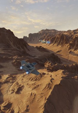 Bir Rocky Gezegeni 'nin Dağları Üzerinde Uzay Gemisi Pusu, dijital olarak bilim kurgu illüstrasyonunu oluşturdu.