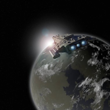 Uzay gemisi ve Yıldız Yükselişi Mavi Yeşil Gezegen üzerinde, dijital olarak bilim kurgu illüstrasyonu oluşturuldu.