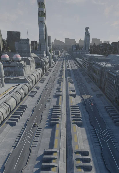 Future City Aerial View Quiet Highway Digitally Rendered Science Fiction — Stok fotoğraf