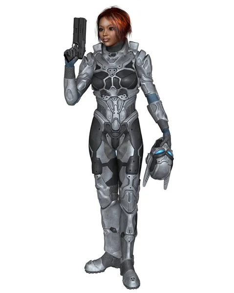Future Soldier Black Female Red Hair Standing Digitally Rendered Science — Stockfoto