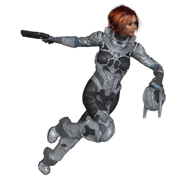 Future Soldier Black Female Red Hair Running Attack Digitally Rendered — Stock Photo, Image