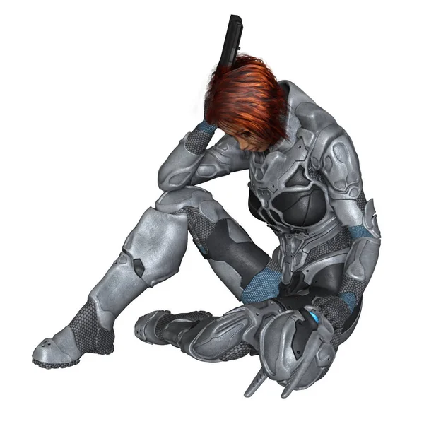 Future Soldier Black Female Red Hair Resting Digitally Rendered Science — Stock Photo, Image