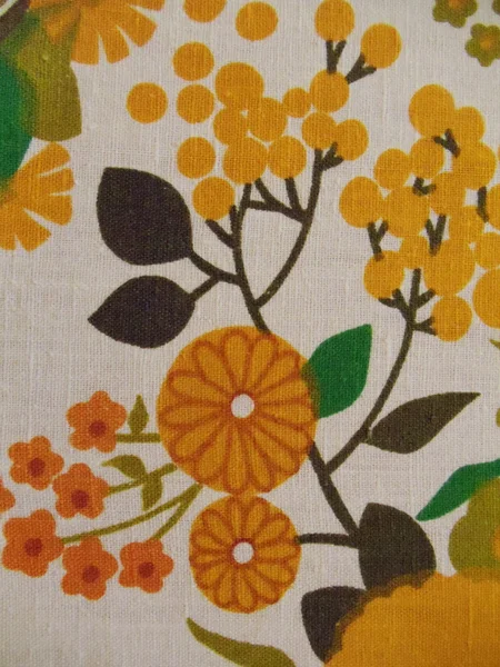 Close-up. Tecido de linho natural com um padrão de flor abstrato sem costura impresso . — Fotografia de Stock