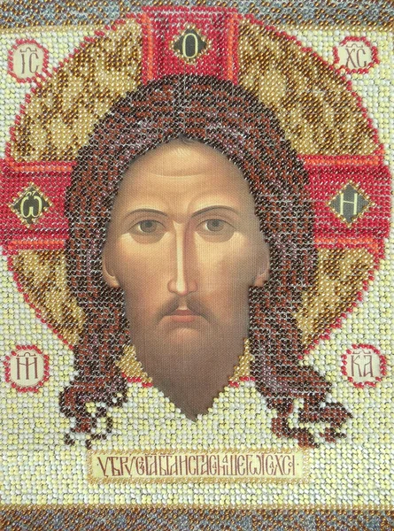Handicraft. Bead embroidery. An icon "The Image of Edessa". — Stock Photo, Image