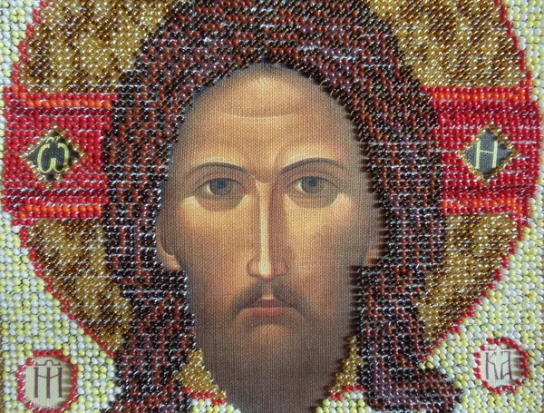 Handicraft. Bead embroidery. A part of an icon "The Image of Edessa". — Stock Photo, Image