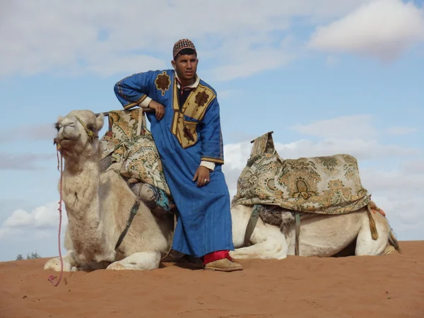 Bir tuareg genç bir ulusal kostüm turistler için onlara bir deveye binmek teklif bekliyor. Sahara çöl, Fas. Ocak, 2013 — Stok fotoğraf