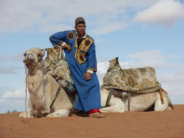 Tuareg młody mężczyzna w stroju ludowym, czeka na turystów do zaoferowania im przejechać się na wielbłądzie. Maroko pustynia, Sahara. stycznia 2013 Obrazy Stockowe bez tantiem