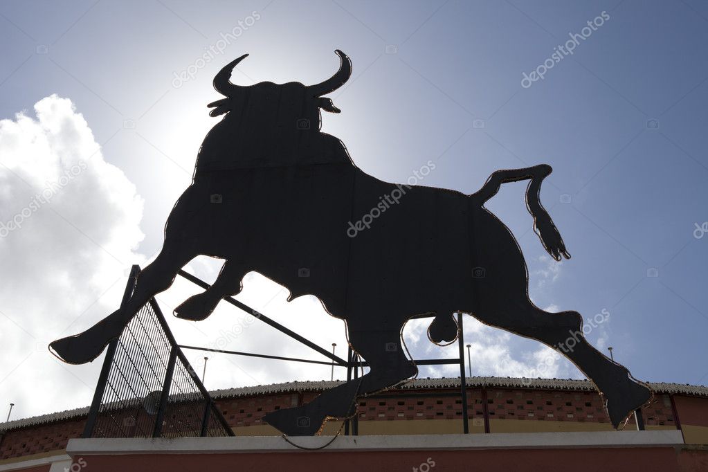 black Bull placard in front of the bullfighting arena