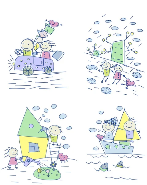 Children's tekening van een gelukkige familie — Stockvector