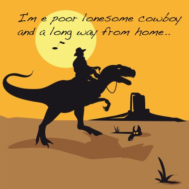 Cowboy,lucky luke,dinosaur,tyrex,prehistory,prehistoric,song,landscape, character,humor,caricature,animal,Jurassic, desert,the only one,solitary person,United States,America,continent,panorama,desert, clipart