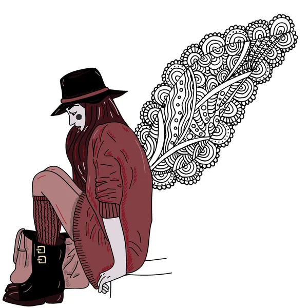 Sad κορίτσι με doodle δαντέλα φτερά — Διανυσματικό Αρχείο