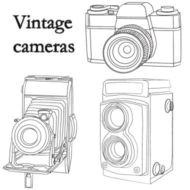 kontür eski vintage fotoğraf makineleri kümesi