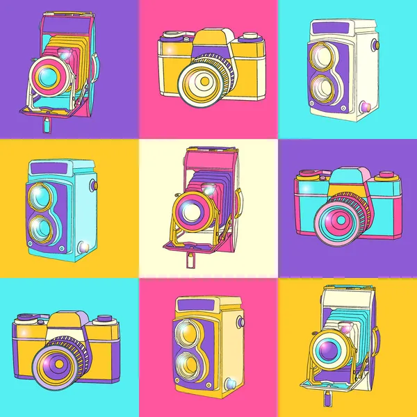 Färgstark uppsättning vintage kameror — Stock vektor