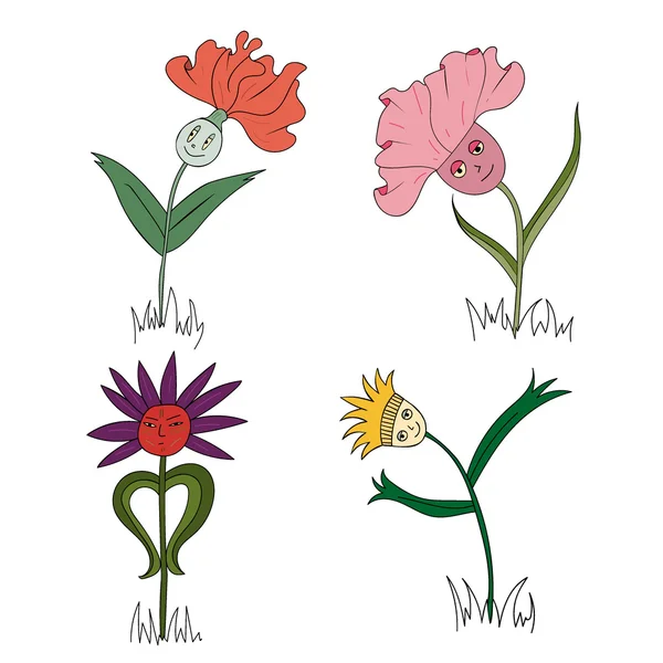 Set of four fun cartoon flowers — 图库矢量图片