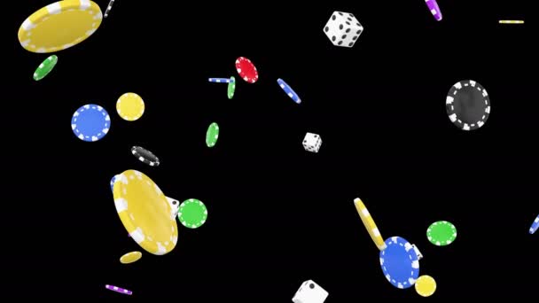 扑克晶片的3D动画和带有Alpha层的骰子流 — 图库视频影像