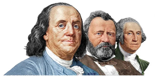 Benjamin Franklin Ulysses Grant George Washington Snížit 100 Dolar Bankovky — Stock fotografie