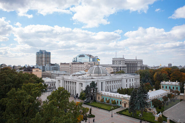 Kyiv, Ukraine - October 6, 2021: Verkhovna Rada (parliament) building in Kyiv. View from drone