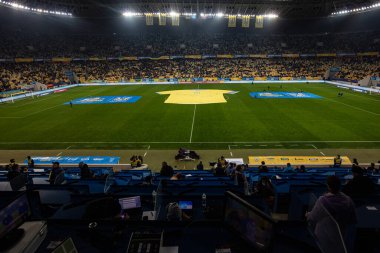 Lviv, Ukrayna - 12 Ekim 2021: Dünya Kupası elemeleri UEFA, Ukrayna ile Bosna-Hersek arasındaki futbol maçı