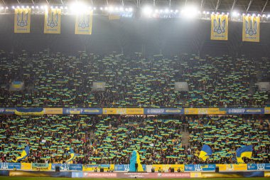 Lviv, Ukrayna - 12 Ekim 2021: Dünya Kupası elemeleri UEFA, Ukrayna ile Bosna-Hersek arasındaki futbol maçı