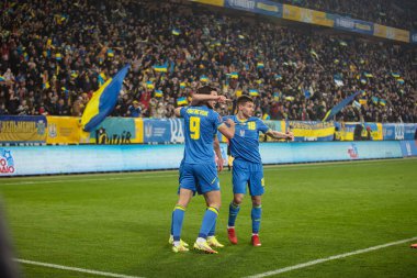 Lviv, Ukrayna - 12 Ekim 2021: Dünya Kupası elemeleri UEFA, Ukrayna ile Bosna-Hersek arasındaki futbol maçı