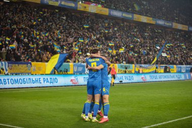 Lviv, Ukrayna - 12 Ekim 2021: Dünya Kupası elemeleri UEFA, Ukrayna ile Bosna-Hersek arasındaki futbol maçı
