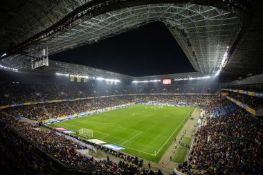 Lviv, Ukrayna - 12 Ekim 2021: Dünya Kupası elemeleri UEFA, Ukrayna ile Bosna-Hersek arasındaki futbol maçı