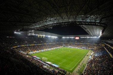 Lviv, Ukrayna - 12 Ekim 2021: Dünya Kupası elemeleri UEFA, Ukrayna ile Bosna-Hersek arasındaki futbol maçı