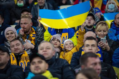 Lviv, Ukrayna - 12 Ekim 2021: Dünya Kupası elemeleri UEFA, Ukrayna ile Bosna-Hersek arasındaki futbol maçı