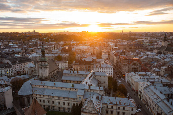 Lviv, Ukarine - October 26, 2021: Panoramic view on Lviv from drone