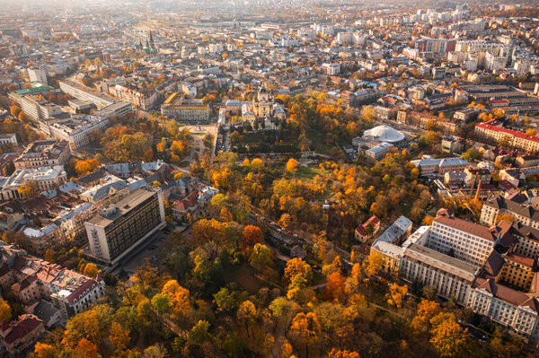 Lviv, Ukarine - October 26, 2021: Aerial view on Dnister hotel