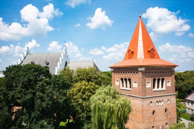 Drohobych, Ukrayna - Temmuz 2021: Brick Gothic St-Bartholomew Kilisesi ve Drohobych, Ukrayna 'daki eski şato kulesi