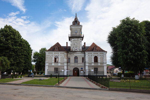 Dobromyl, Ukraine - July, 2021: Town Hall in Dobromyl, Ukraine