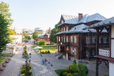 Truskavets, Ukrayna - 7 Temmuz 2021: Mykhailo Bilas Müzesi hava manzaralı. Truskavets, Ukrayna 'da Villa Goplana